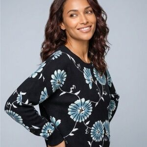 LOFT Black Crewneck Sweater with Blue Floral Motif